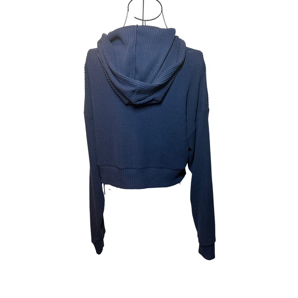 Alo Yoga Muse Hoodie Navy Blue Ribbed Cropped Pullover Sweatshirt Womens S
